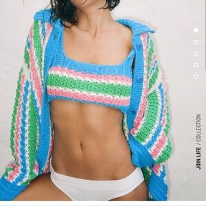 Zara Blue and Green Knit Sweater with Ribbed Details